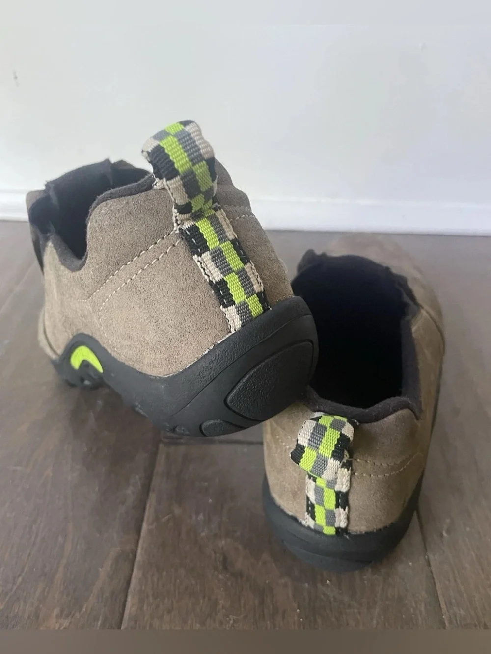 Merrell Kids Slip-On Suede Sneakers in Taupe with Black and Lime Accents